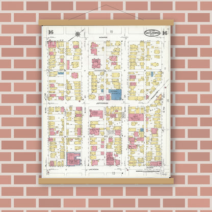 Old map wall art mockup — magnetic wood frame on brick wall — Sanborn Fire Insurance Map from East Liverpool, Columbiana County, Ohio (1923), Sheet #0016