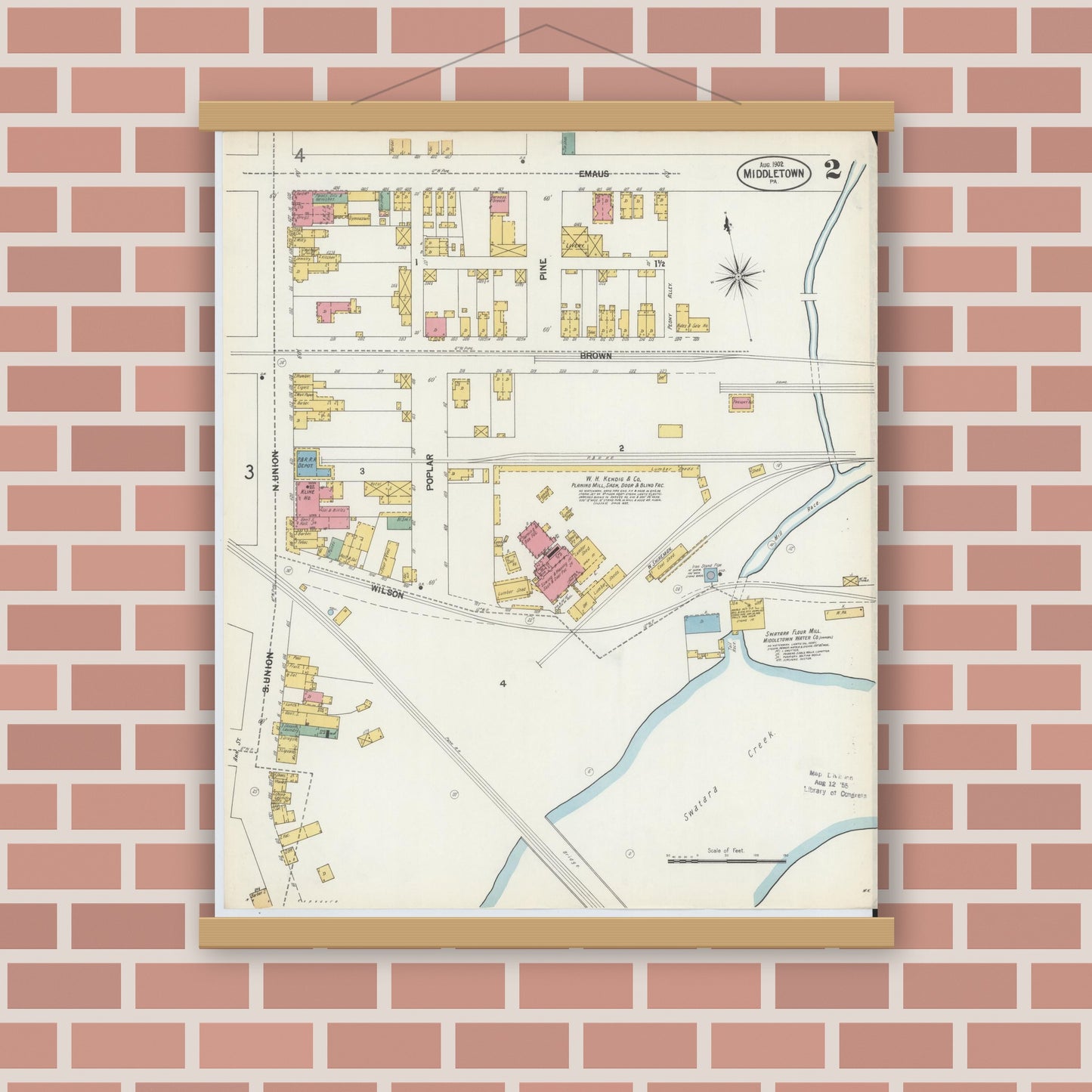 Old map wall art mockup — magnetic wood frame on brick wall — Sanborn Fire Insurance Map from Middletown, Dauphin County, Pennsylvania (1902), Sheet #0002