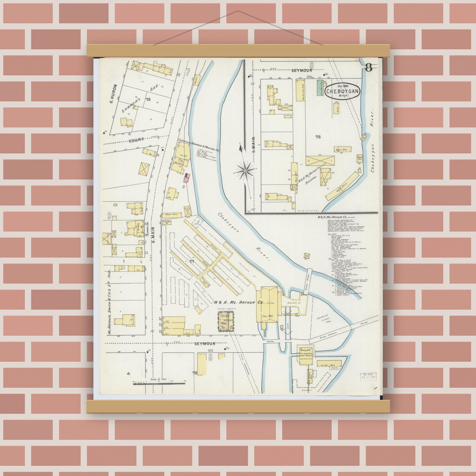 Old map wall art mockup — magnetic wood frame on brick wall — Sanborn Fire Insurance Map from Cheboygan, Cheboygan County, Michigan (1895), Sheet #0008