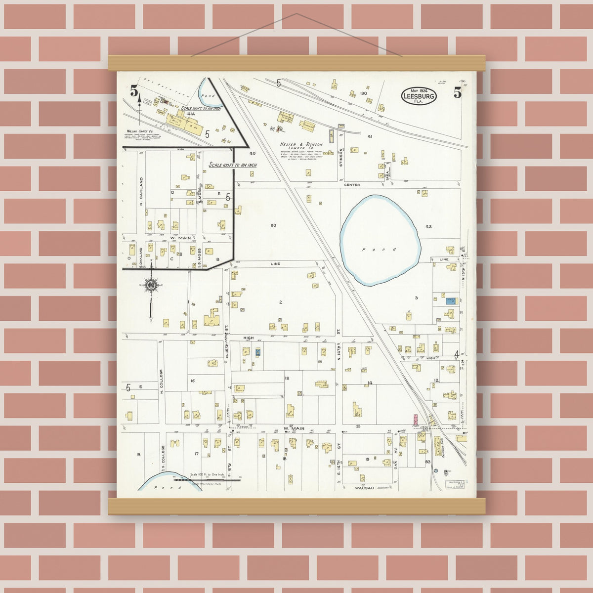Old map wall art mockup — magnetic wood frame on brick wall — Sanborn Fire Insurance Map from Leesburg, Lake County, Florida (1924), Sheet #0005