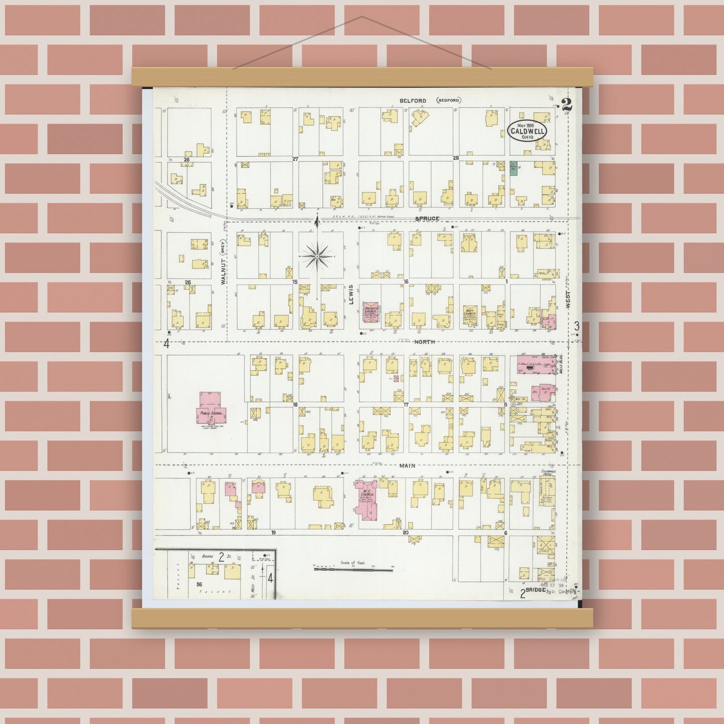 Old map wall art mockup — magnetic wood frame on brick wall — Sanborn Fire Insurance Map from Caldwell, Noble County, Ohio (1905), Sheet #0002