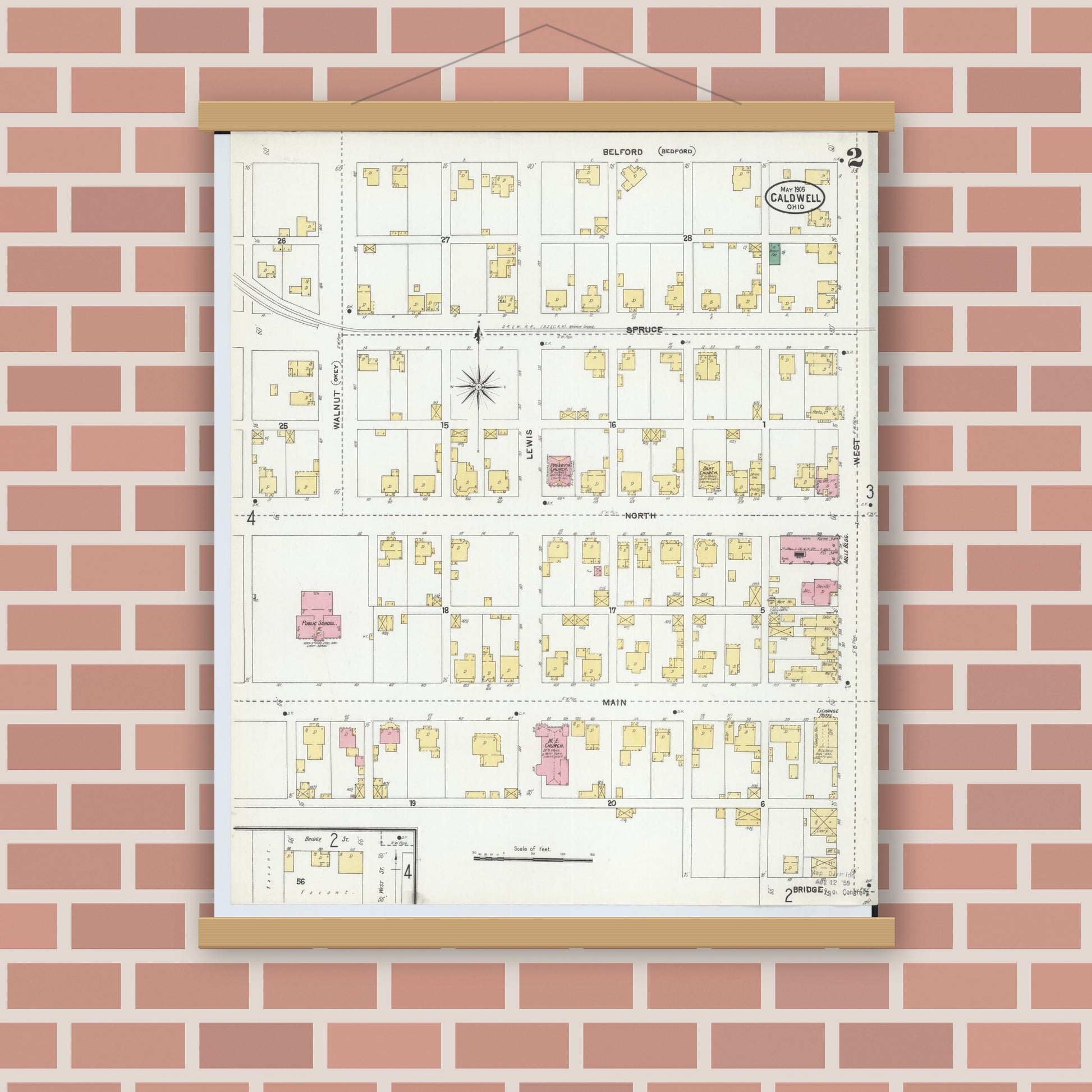 Old map wall art mockup — magnetic wood frame on brick wall — Sanborn Fire Insurance Map from Caldwell, Noble County, Ohio (1905), Sheet #0002