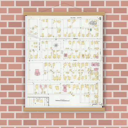 Old map wall art mockup — magnetic wood frame on brick wall — Sanborn Fire Insurance Map from Caldwell, Noble County, Ohio (1905), Sheet #0002