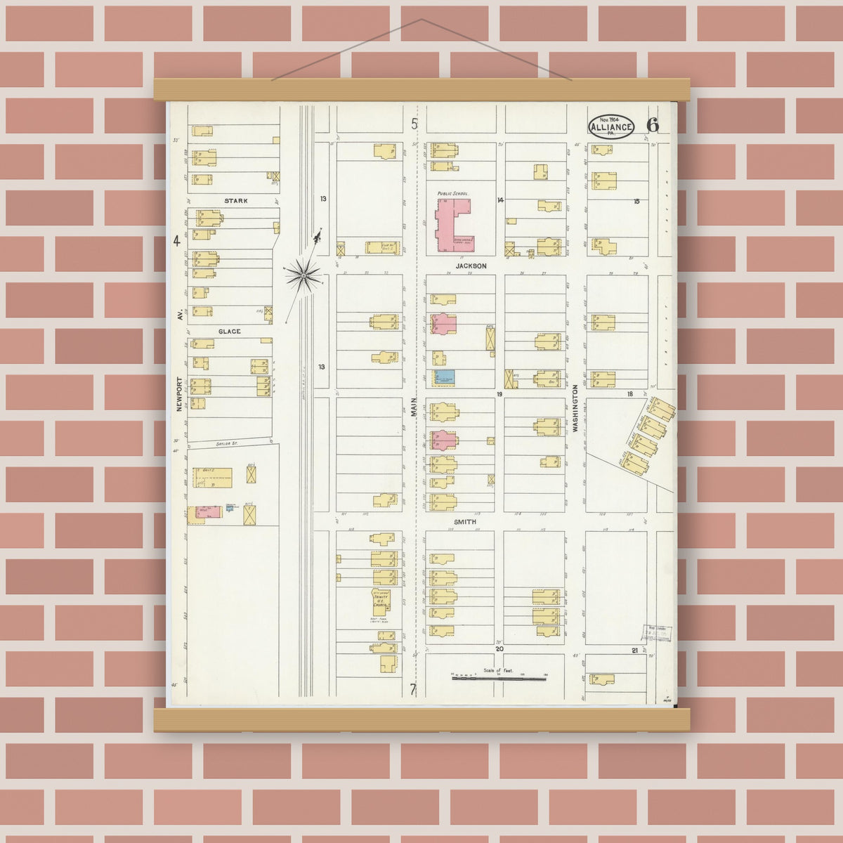 Old map wall art mockup — magnetic wood frame on brick wall — Sanborn Fire Insurance Map from Alliance, Northampton County, Pennsylvania (1904), Sheet #0006