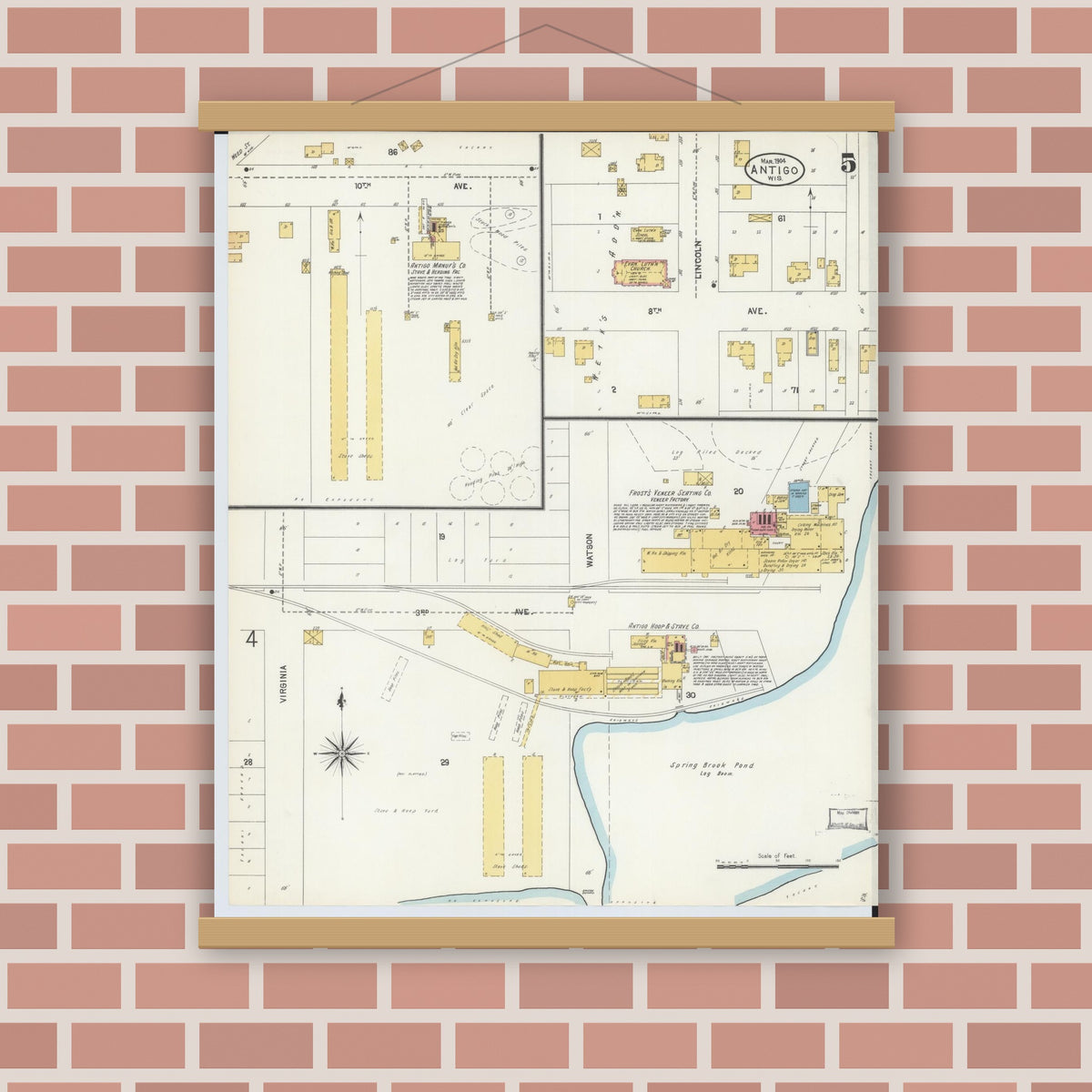 Old map wall art mockup — magnetic wood frame on brick wall — Sanborn Fire Insurance Map from Antigo, Langlade County, Wisconsin (1904), Sheet #0005