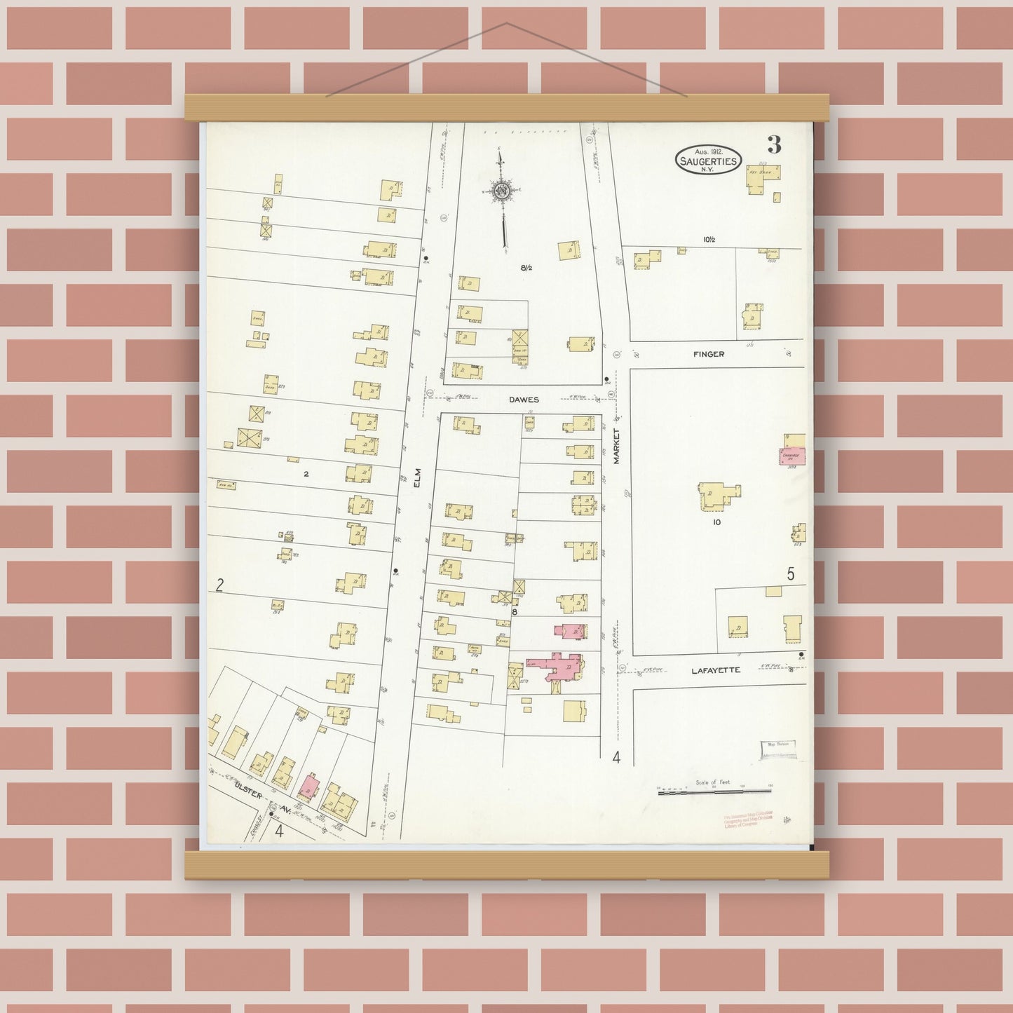 Old map wall art mockup — magnetic wood frame on brick wall — Sanborn Fire Insurance Map from Saugerties, Ulster County, New York (1912), Sheet #0003