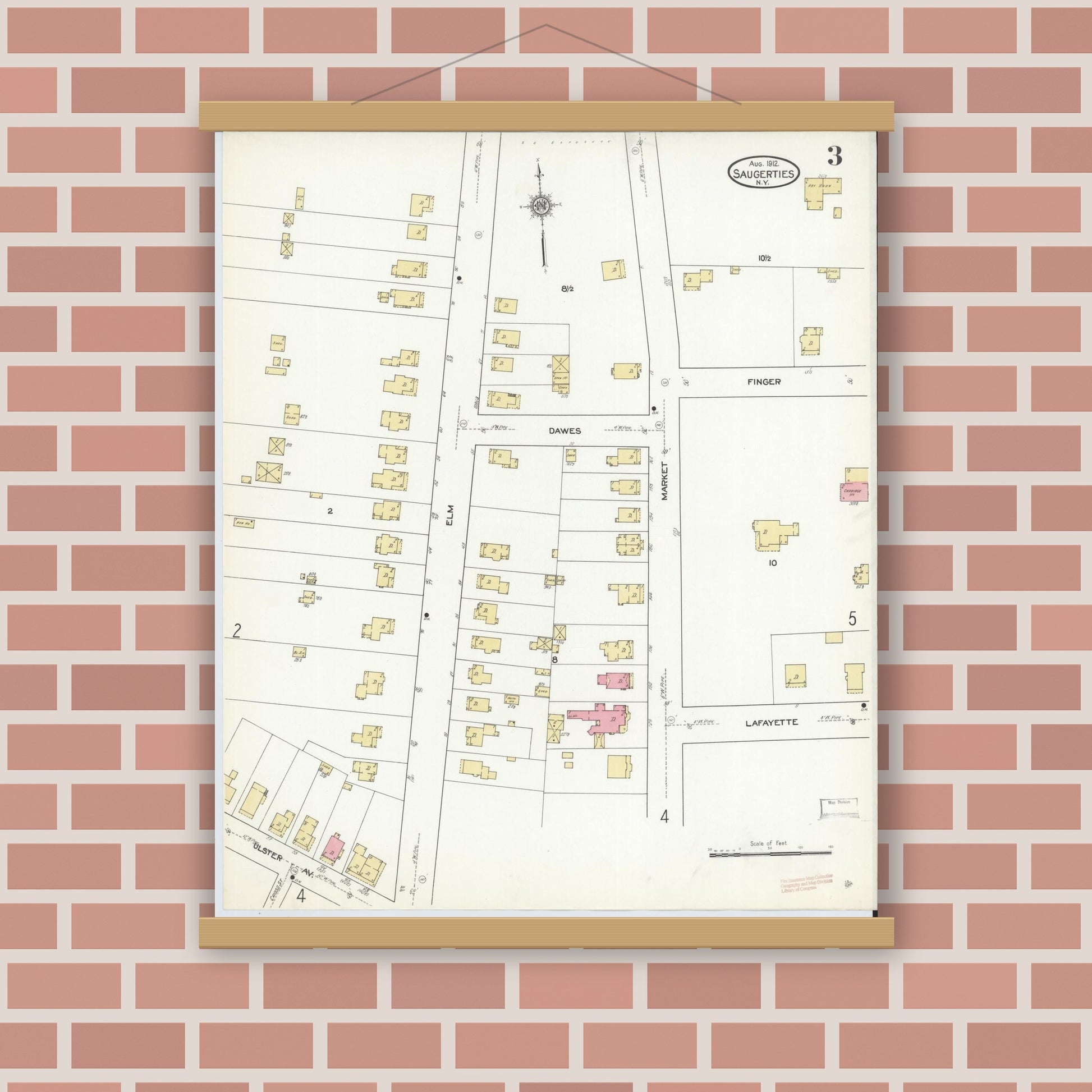 Old map wall art mockup — magnetic wood frame on brick wall — Sanborn Fire Insurance Map from Saugerties, Ulster County, New York (1912), Sheet #0003