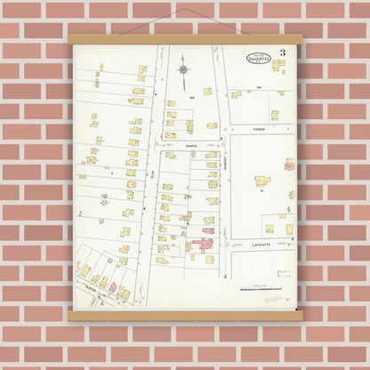 Old map wall art mockup — magnetic wood frame on brick wall — Sanborn Fire Insurance Map from Saugerties, Ulster County, New York (1912), Sheet #0003