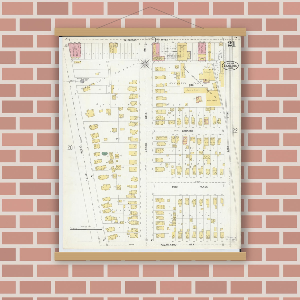 Old map wall art mockup — magnetic wood frame on brick wall — Sanborn Fire Insurance Map from Lansing, Ingham County, Michigan (1906), Sheet #0021