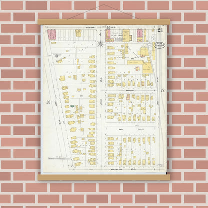 Old map wall art mockup — magnetic wood frame on brick wall — Sanborn Fire Insurance Map from Lansing, Ingham County, Michigan (1906), Sheet #0021