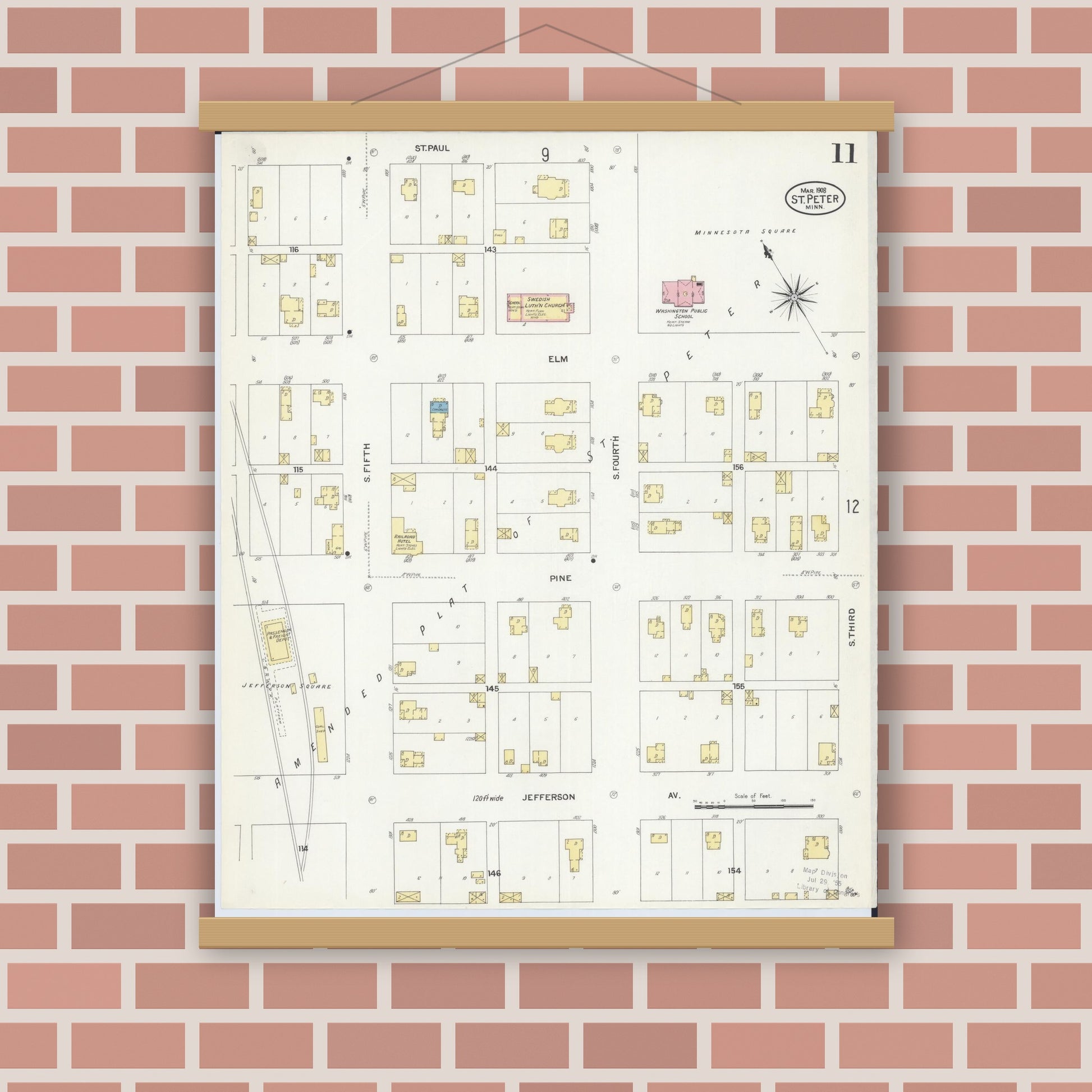 Old map wall art mockup — magnetic wood frame on brick wall — Sanborn Fire Insurance Map from Saint Peter, Nicollet County, Minnesota (1908), Sheet #0011
