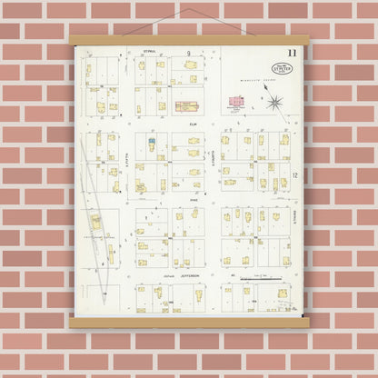 Old map wall art mockup — magnetic wood frame on brick wall — Sanborn Fire Insurance Map from Saint Peter, Nicollet County, Minnesota (1908), Sheet #0011