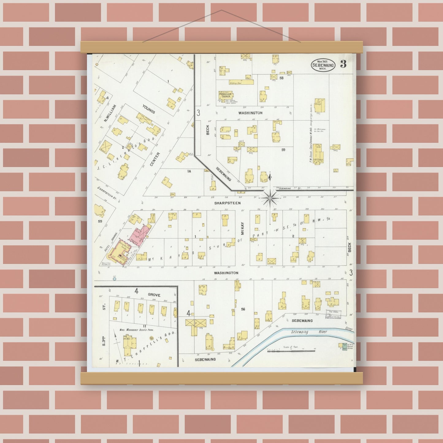 Old map wall art mockup — magnetic wood frame on brick wall — Sanborn Fire Insurance Map from Sebewaing, Huron County, Michigan (1901), Sheet #0003