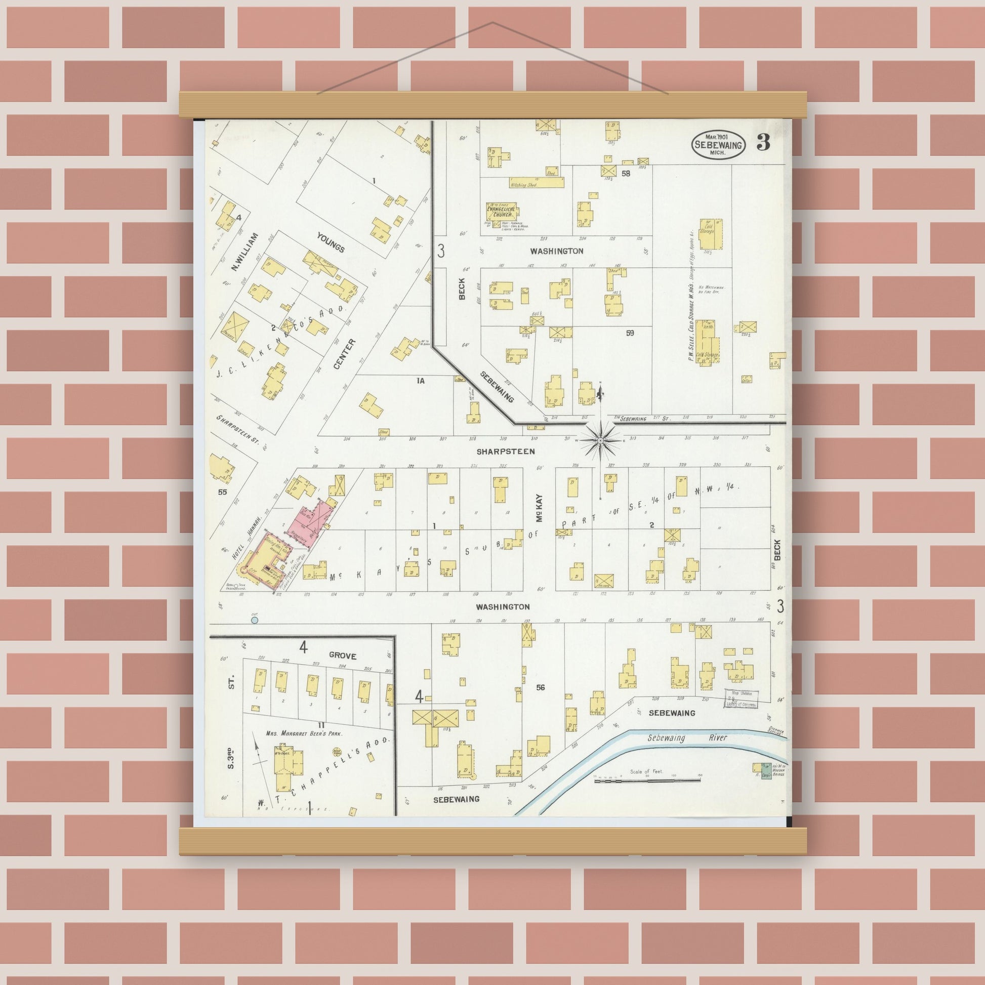 Old map wall art mockup — magnetic wood frame on brick wall — Sanborn Fire Insurance Map from Sebewaing, Huron County, Michigan (1901), Sheet #0003