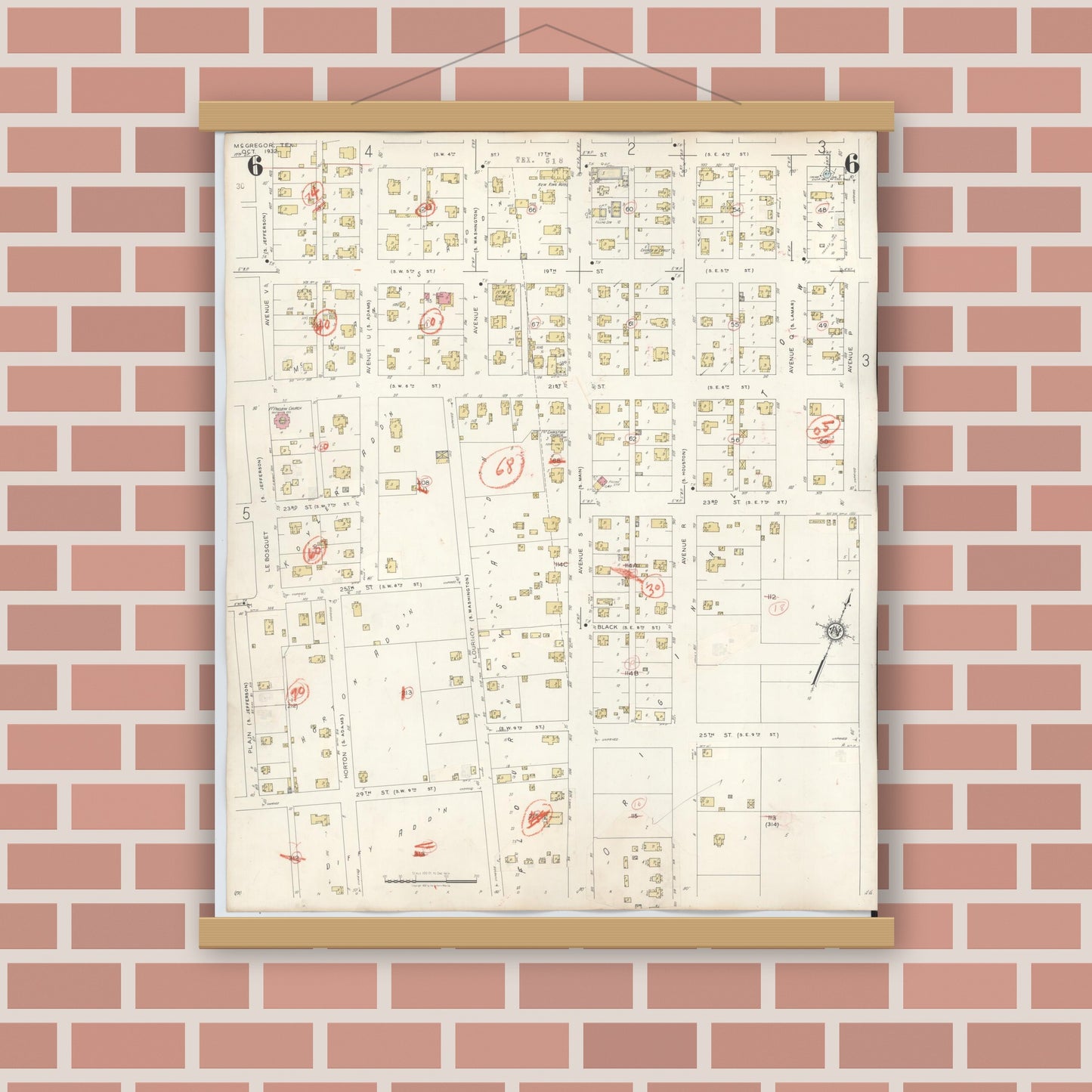 Old map wall art mockup — magnetic wood frame on brick wall — Sanborn Fire Insurance Map from McGregor, McLennan County, Texas (1942), Sheet #0006