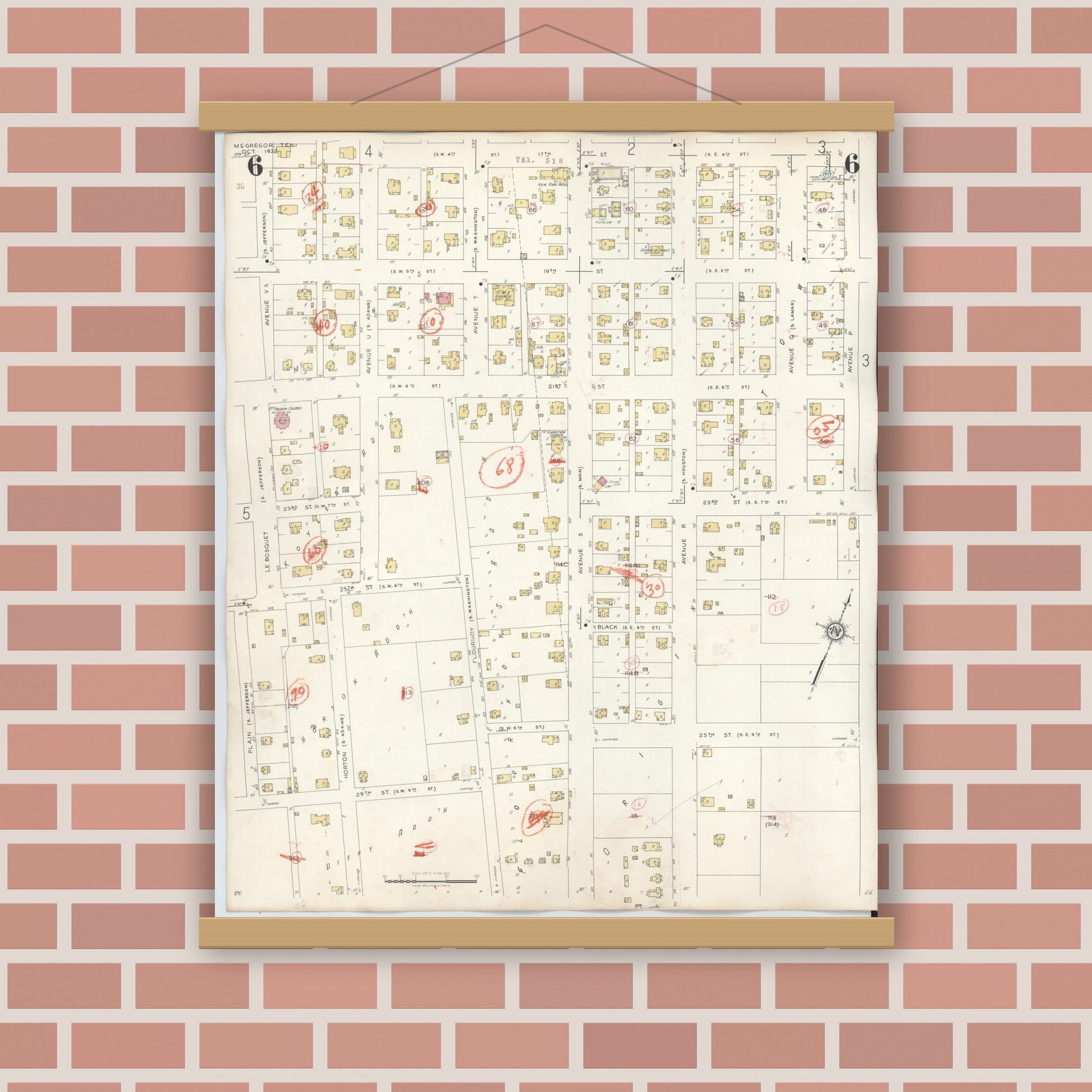 Old map wall art mockup — magnetic wood frame on brick wall — Sanborn Fire Insurance Map from McGregor, McLennan County, Texas (1942), Sheet #0006