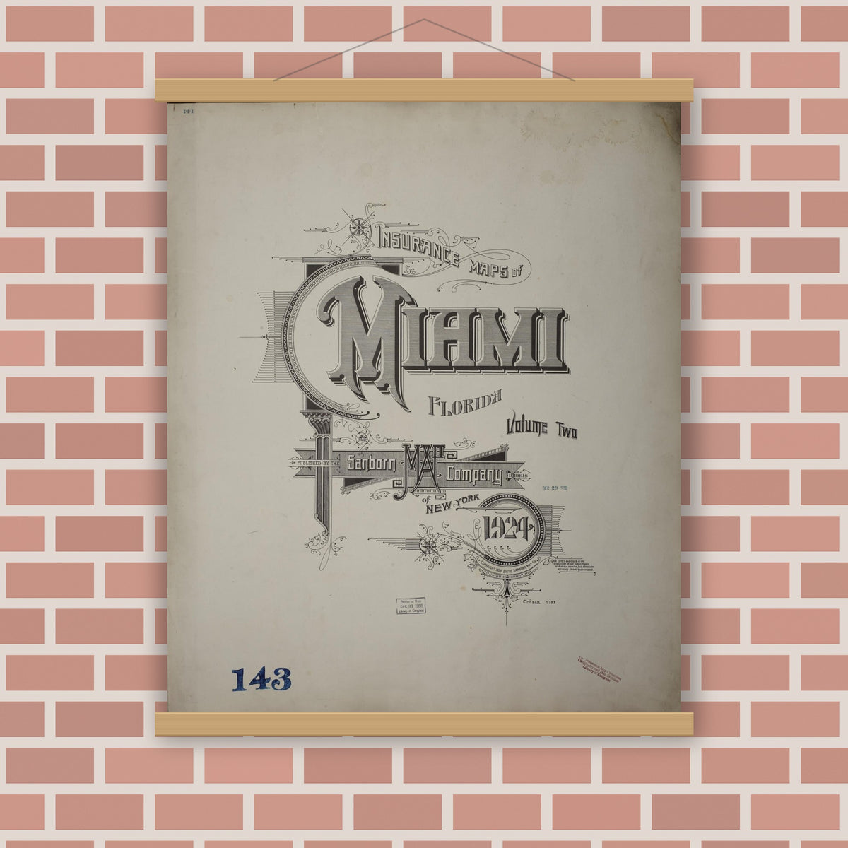Old map wall art mockup — magnetic wood frame on brick wall — Sanborn Fire Insurance Map from Miami, Dade County, Florida (1938), Sheet #0001