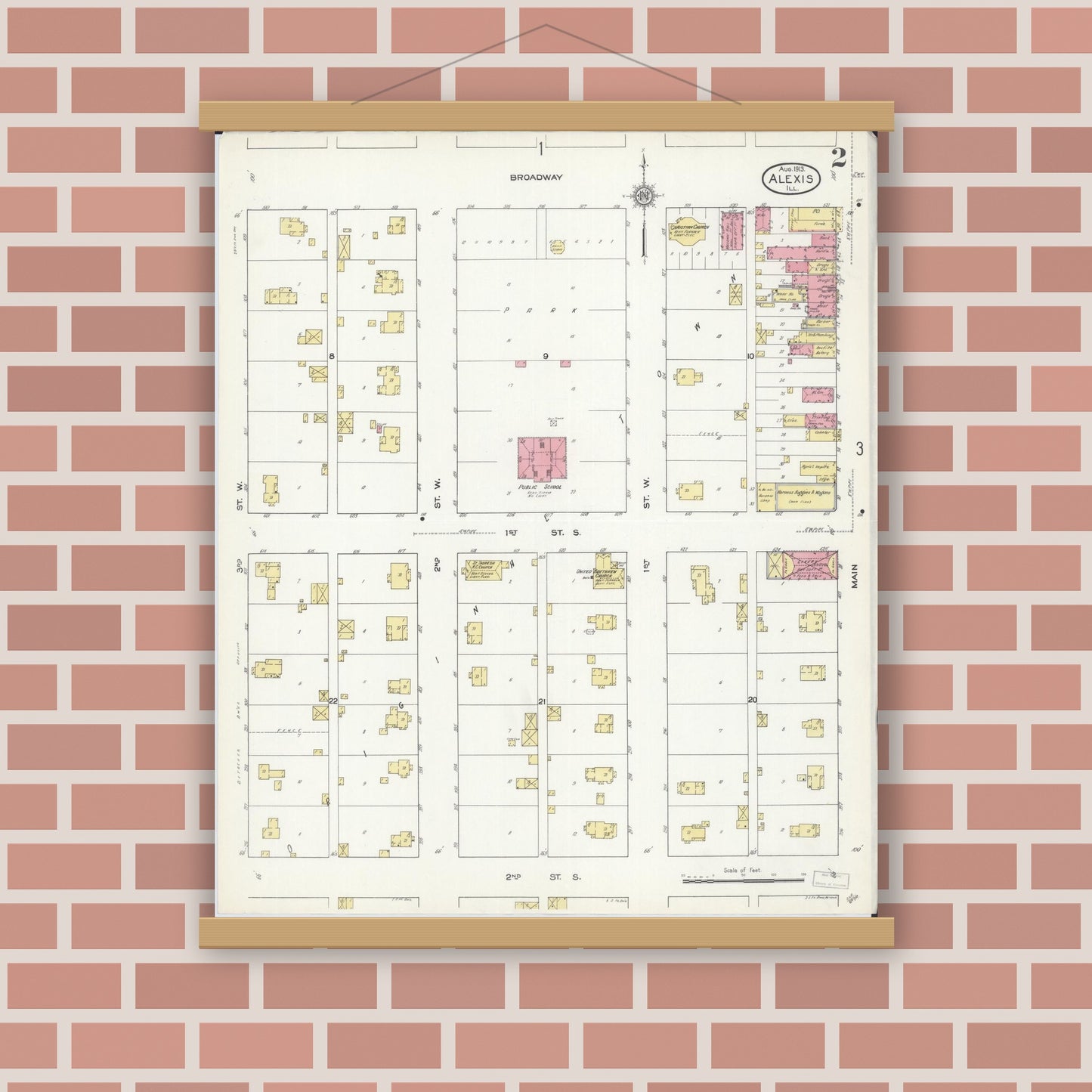 Old map wall art mockup — magnetic wood frame on brick wall — Sanborn Fire Insurance Map from Alexis, Warren County, Illinois (1913), Sheet #0002