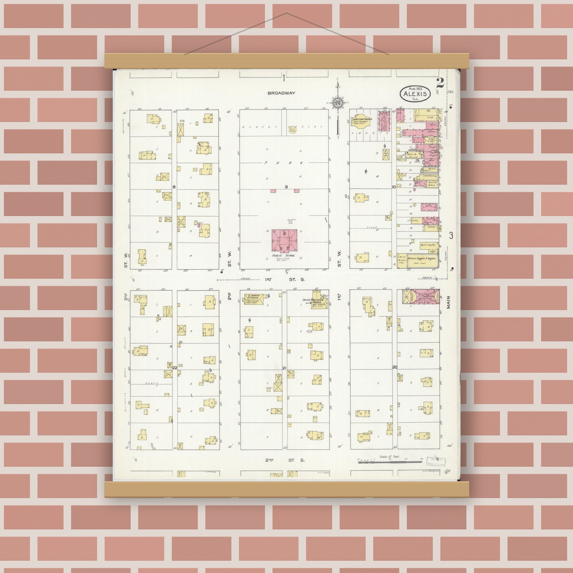 Old map wall art mockup — magnetic wood frame on brick wall — Sanborn Fire Insurance Map from Alexis, Warren County, Illinois (1913), Sheet #0002