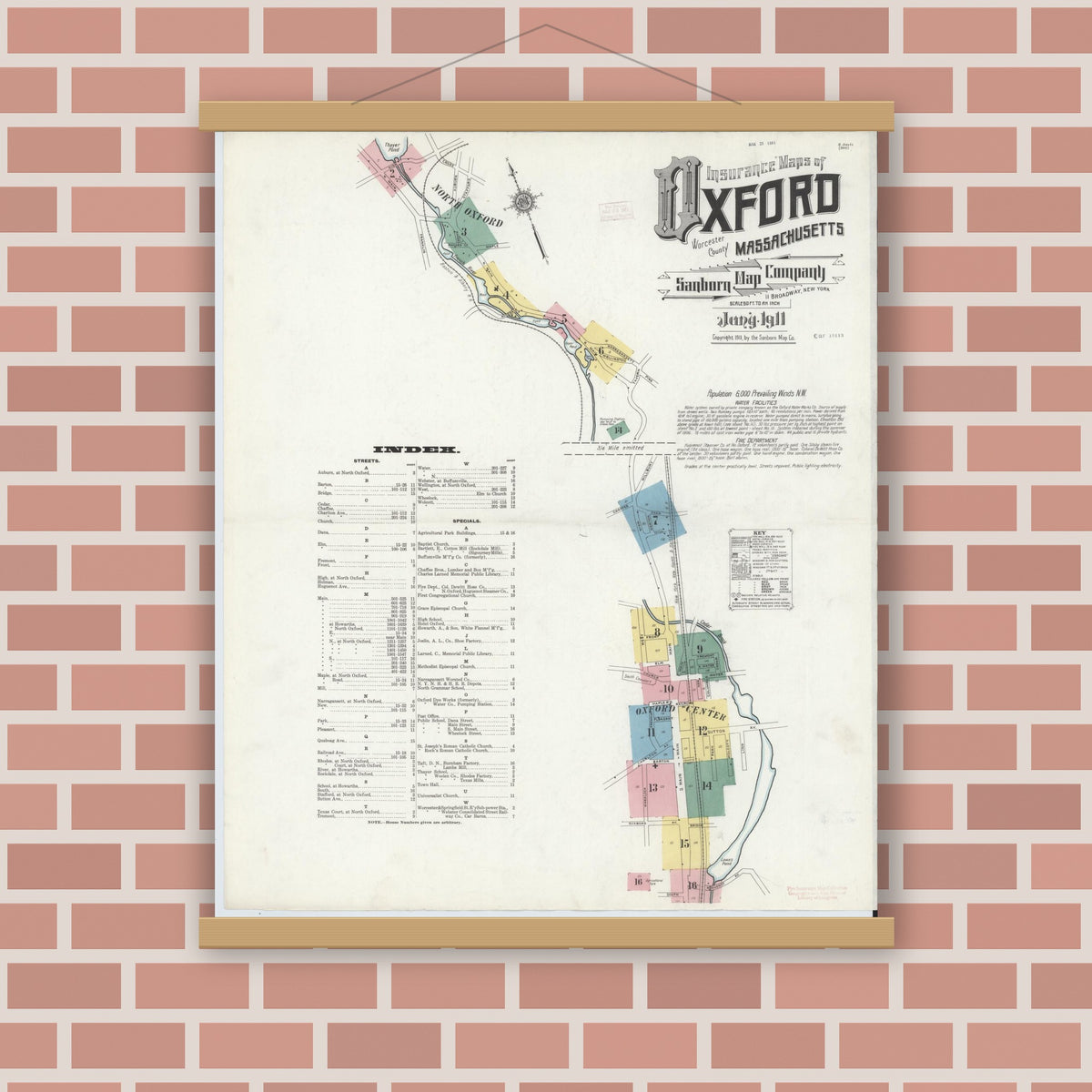 Old map wall art mockup — magnetic wood frame on brick wall — Sanborn Fire Insurance Map from Oxford, Worcester County, Massachusetts (1911) - Complete Map Set