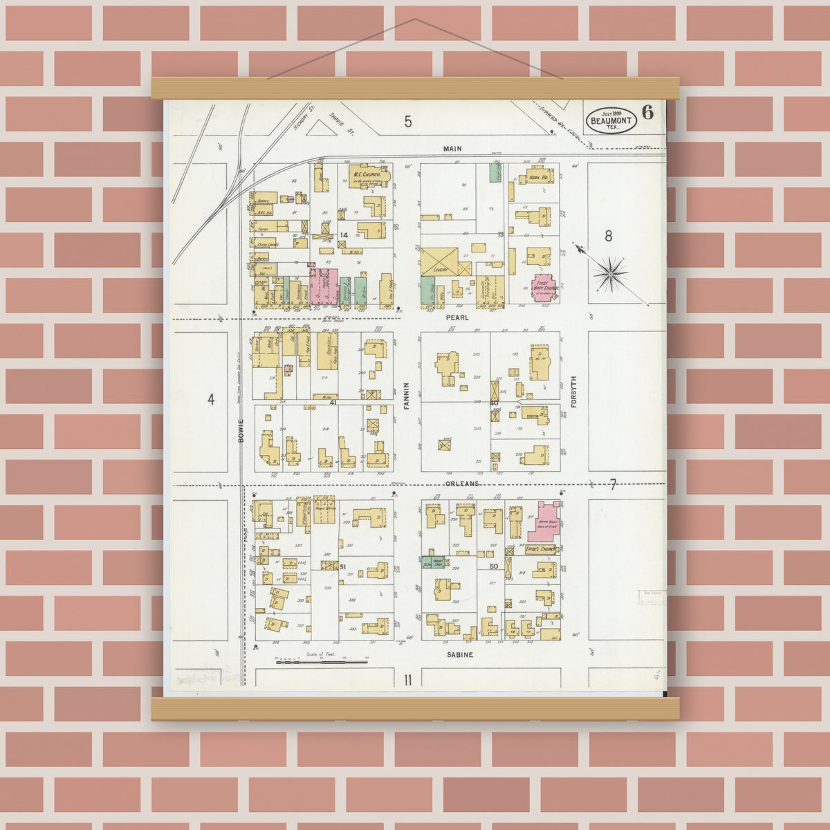 Old map wall art mockup — magnetic wood frame on brick wall — Sanborn Fire Insurance Map from Beaumont, Jefferson County, Texas (1899), Sheet #0006
