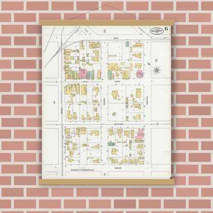 Old map wall art mockup — magnetic wood frame on brick wall — Sanborn Fire Insurance Map from Beaumont, Jefferson County, Texas (1899), Sheet #0006