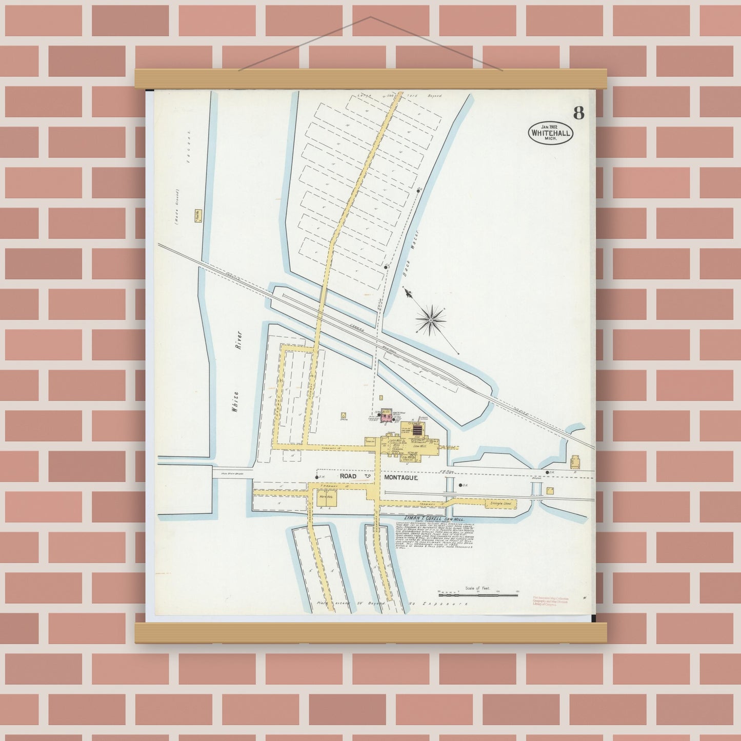 Old map wall art mockup — magnetic wood frame on brick wall — Sanborn Fire Insurance Map from Whitehall, Muskegon County, Michigan (1902), Sheet #0008