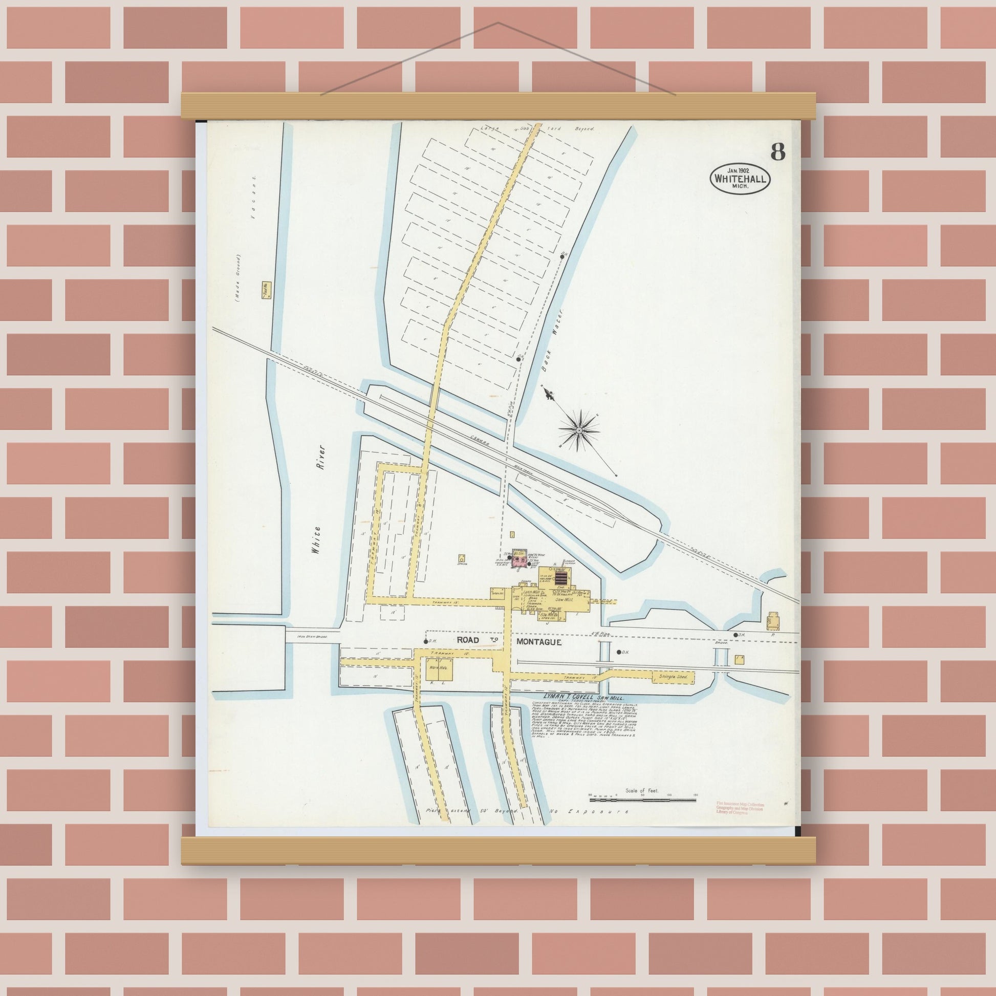 Old map wall art mockup — magnetic wood frame on brick wall — Sanborn Fire Insurance Map from Whitehall, Muskegon County, Michigan (1902), Sheet #0008