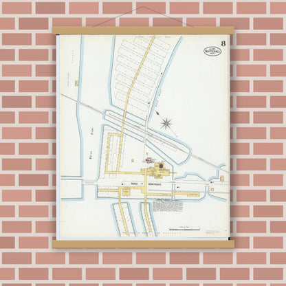 Old map wall art mockup — magnetic wood frame on brick wall — Sanborn Fire Insurance Map from Whitehall, Muskegon County, Michigan (1902), Sheet #0008