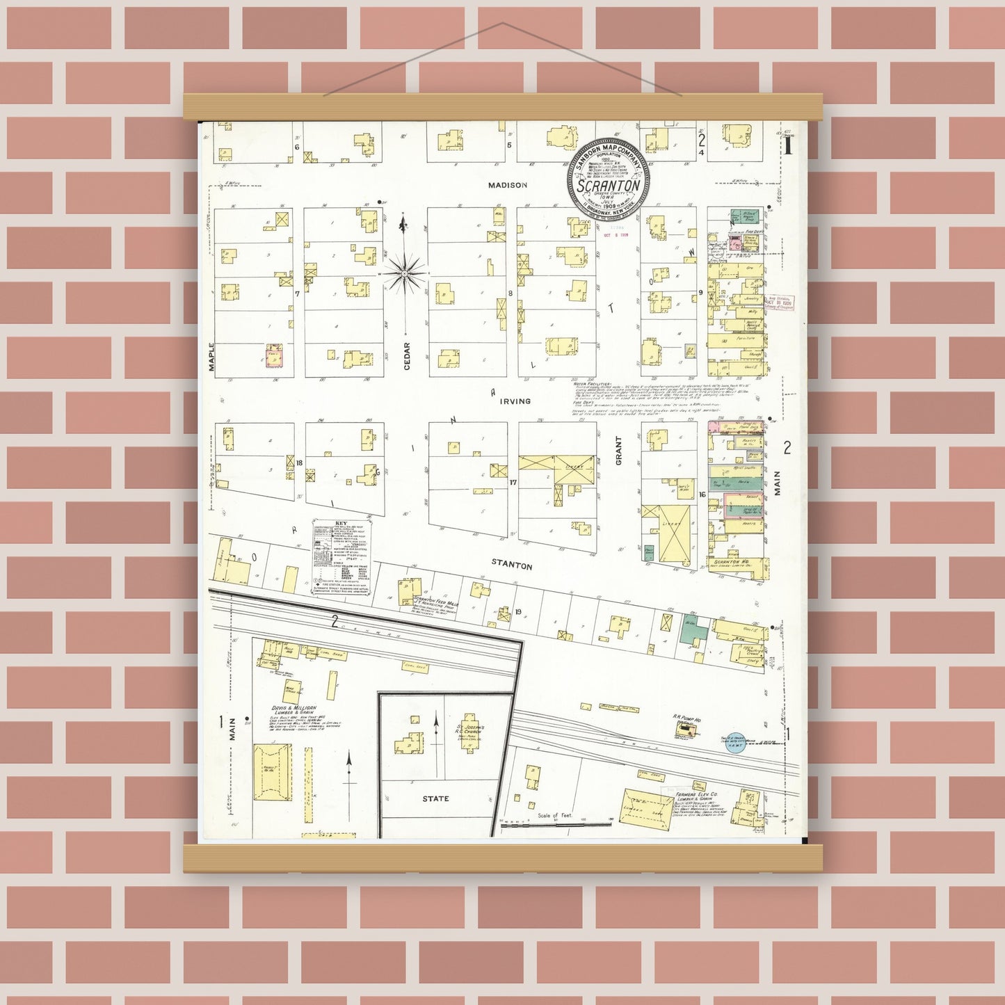 Old map wall art mockup — magnetic wood frame on brick wall — Sanborn Fire Insurance Map from Scranton, Greene County, Iowa (1909), Sheet #0001