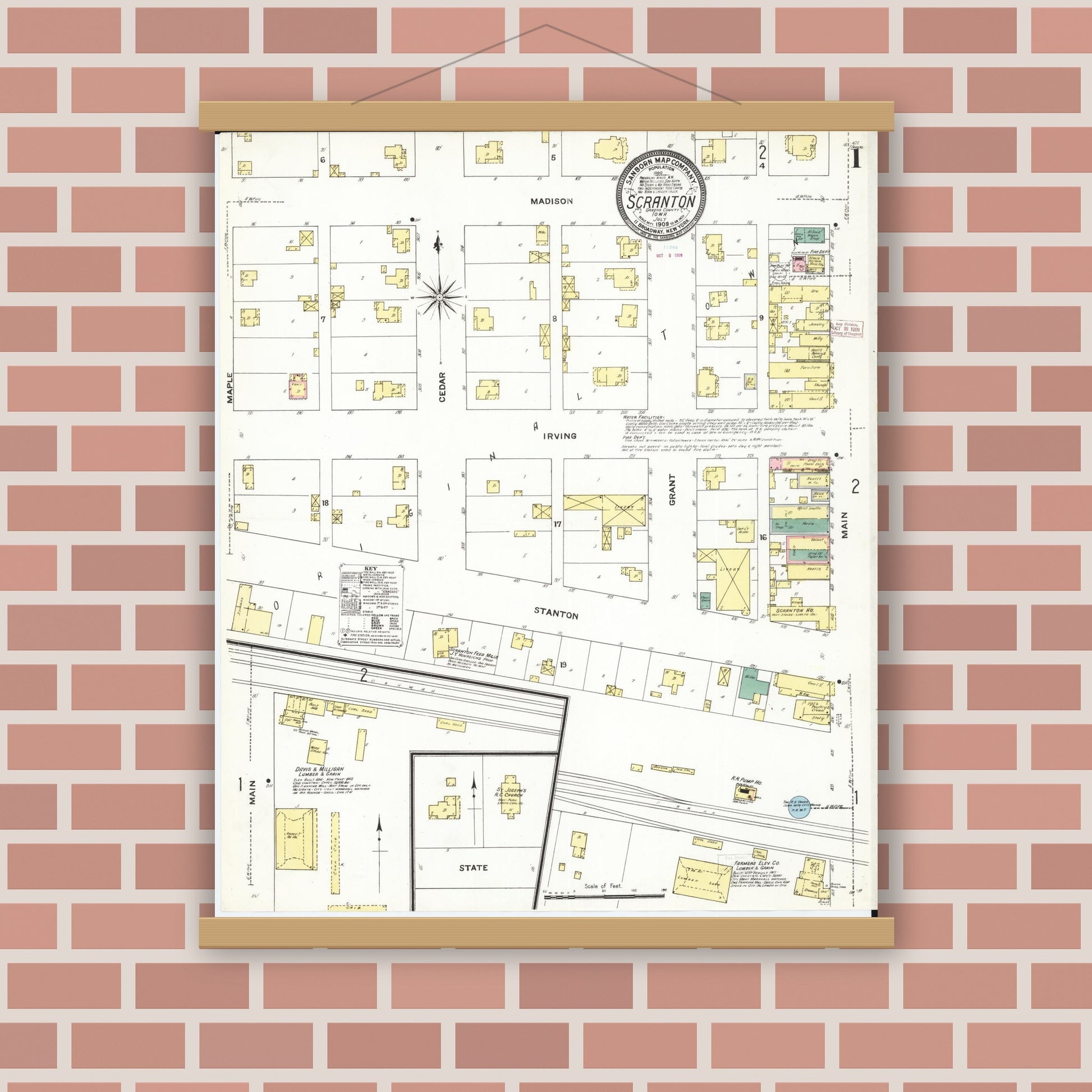 Old map wall art mockup — magnetic wood frame on brick wall — Sanborn Fire Insurance Map from Scranton, Greene County, Iowa (1909), Sheet #0001