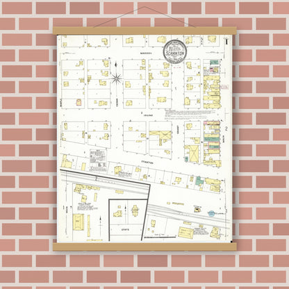 Old map wall art mockup — magnetic wood frame on brick wall — Sanborn Fire Insurance Map from Scranton, Greene County, Iowa (1909), Sheet #0001
