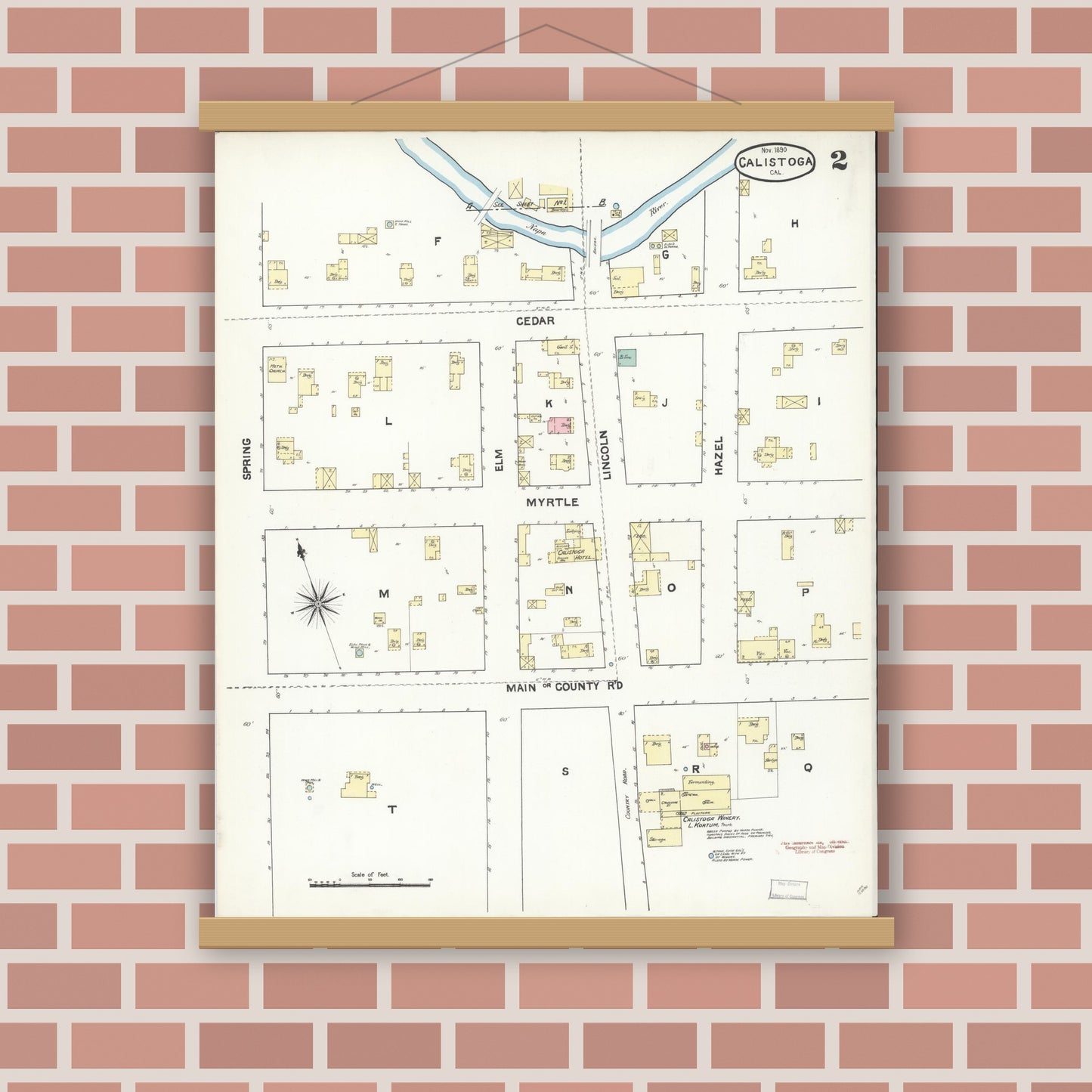 Old map wall art mockup — magnetic wood frame on brick wall — Sanborn Fire Insurance Map from Calistoga, Napa County, California (1890), Sheet #0002