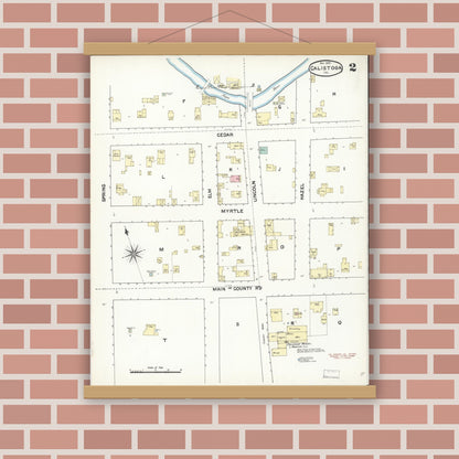 Old map wall art mockup — magnetic wood frame on brick wall — Sanborn Fire Insurance Map from Calistoga, Napa County, California (1890), Sheet #0002