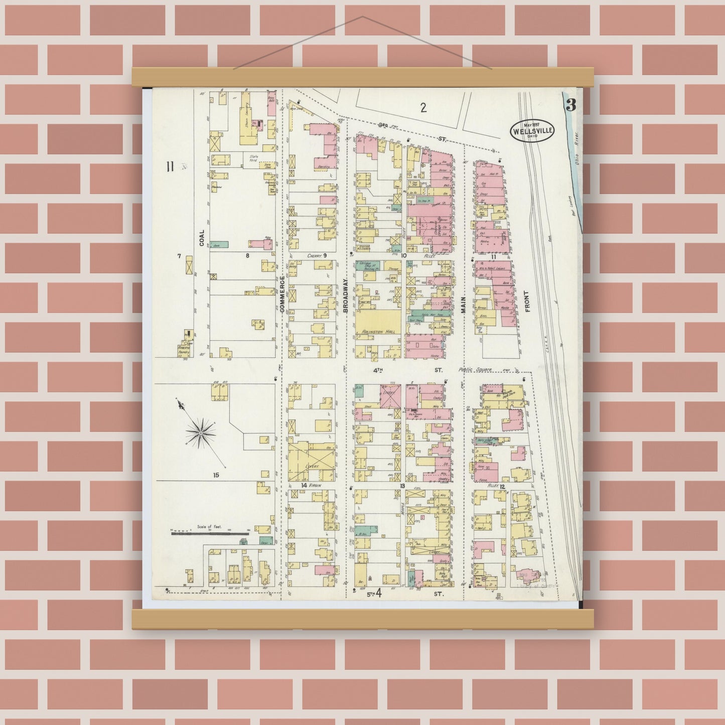 Old map wall art mockup — magnetic wood frame on brick wall — Sanborn Fire Insurance Map from Wellsville, Columbiana County, Ohio (1897), Sheet #0003
