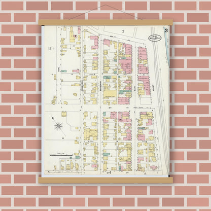 Old map wall art mockup — magnetic wood frame on brick wall — Sanborn Fire Insurance Map from Wellsville, Columbiana County, Ohio (1897), Sheet #0003