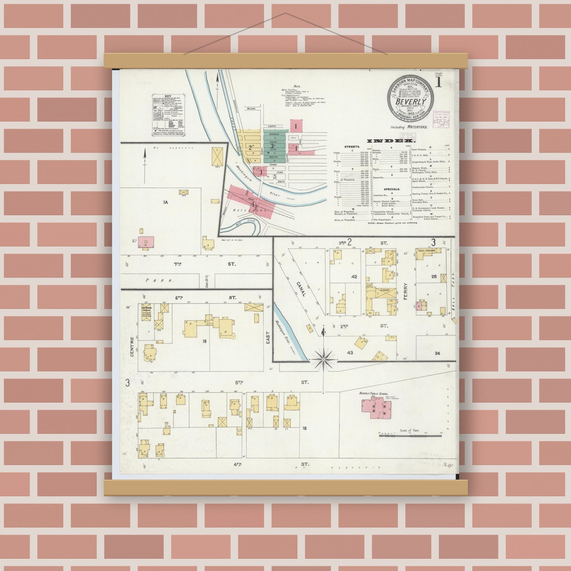 Old map wall art mockup — magnetic wood frame on brick wall — Sanborn Fire Insurance Map from Beverly, Washington County, Ohio (1905) - Complete Map Set