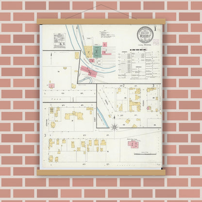 Old map wall art mockup — magnetic wood frame on brick wall — Sanborn Fire Insurance Map from Beverly, Washington County, Ohio (1905) - Complete Map Set