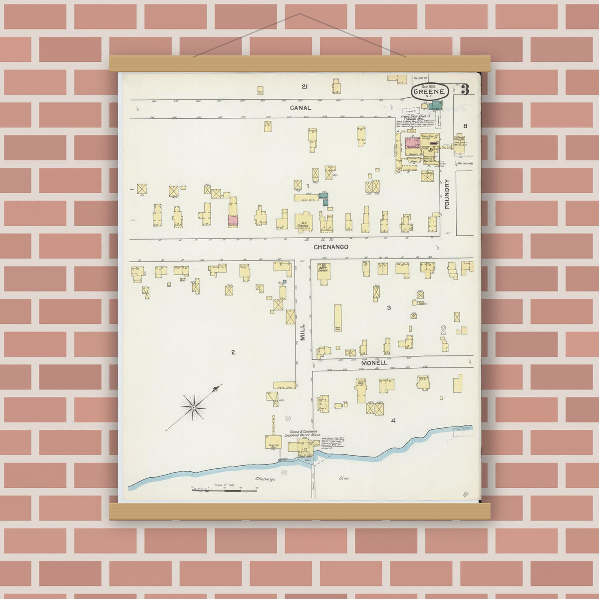 Old map wall art mockup — magnetic wood frame on brick wall — Sanborn Fire Insurance Map from Greene, Chenango County, New York (1892), Sheet #0003
