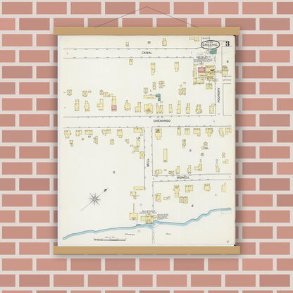 Old map wall art mockup — magnetic wood frame on brick wall — Sanborn Fire Insurance Map from Greene, Chenango County, New York (1892), Sheet #0003