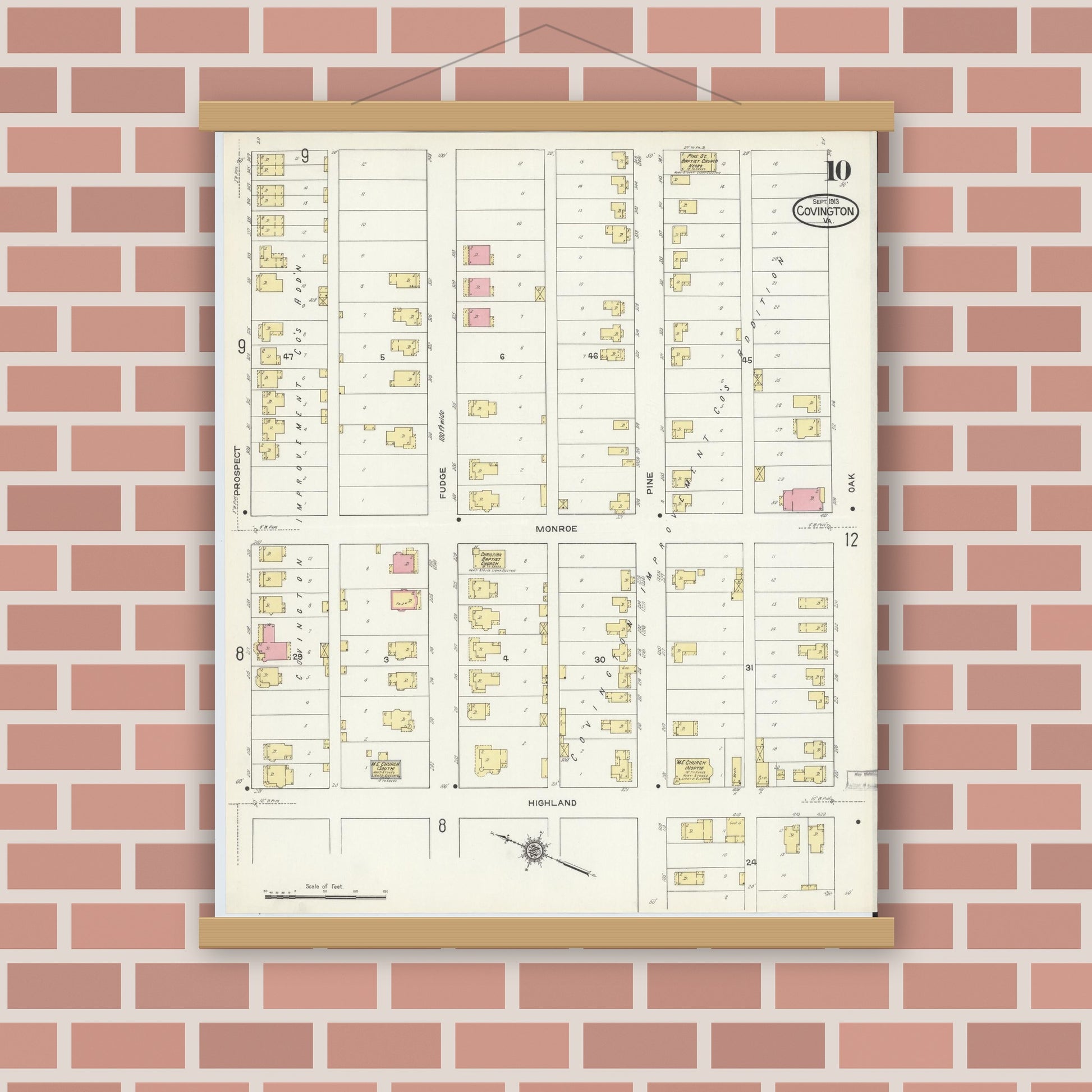 Old map wall art mockup — magnetic wood frame on brick wall — Sanborn Fire Insurance Map from Covington, Independent Cities, Virginia (1913), Sheet #0010
