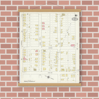 Old map wall art mockup — magnetic wood frame on brick wall — Sanborn Fire Insurance Map from Covington, Independent Cities, Virginia (1913), Sheet #0010