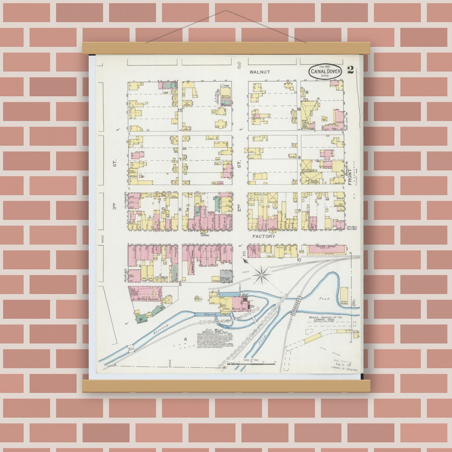 Old map wall art mockup — magnetic wood frame on brick wall — Sanborn Fire Insurance Map from Canal Dover, Tuscarawas County, Ohio (1893), Sheet #0002