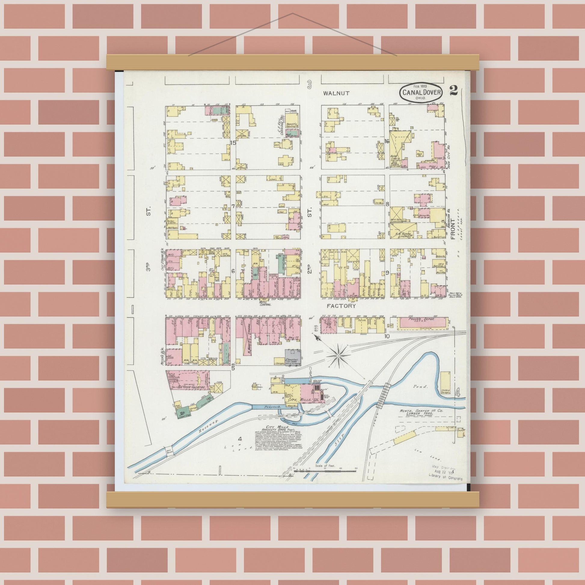 Old map wall art mockup — magnetic wood frame on brick wall — Sanborn Fire Insurance Map from Canal Dover, Tuscarawas County, Ohio (1893), Sheet #0002