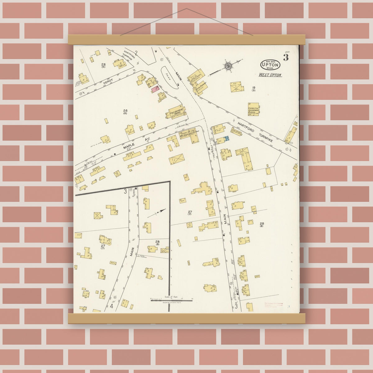 Old map wall art mockup — magnetic wood frame on brick wall — Sanborn Fire Insurance Map from Upton, Worcester County, Massachusetts (1922), Sheet #0003