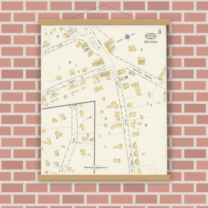 Old map wall art mockup — magnetic wood frame on brick wall — Sanborn Fire Insurance Map from Upton, Worcester County, Massachusetts (1922), Sheet #0003