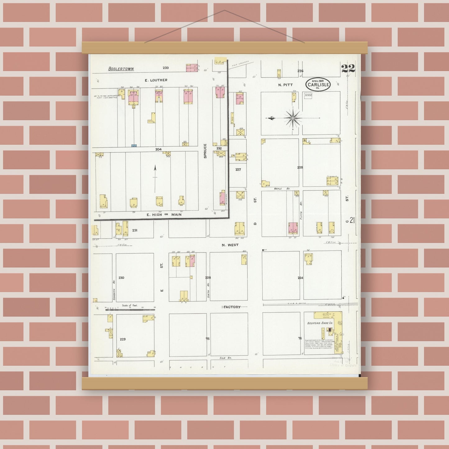 Old map wall art mockup — magnetic wood frame on brick wall — Sanborn Fire Insurance Map from Carlisle, Cumberland County, Pennsylvania (1909), Sheet #0022