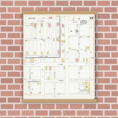 Old map wall art mockup — magnetic wood frame on brick wall — Sanborn Fire Insurance Map from Carlisle, Cumberland County, Pennsylvania (1909), Sheet #0022