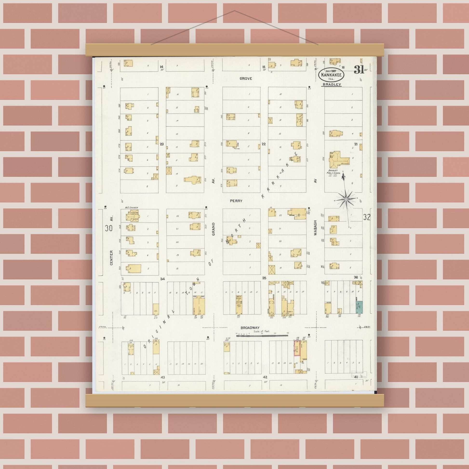 Old map wall art mockup — magnetic wood frame on brick wall — Sanborn Fire Insurance Map from Kankakee, Kankakee County, Illinois (1907), Sheet #0031