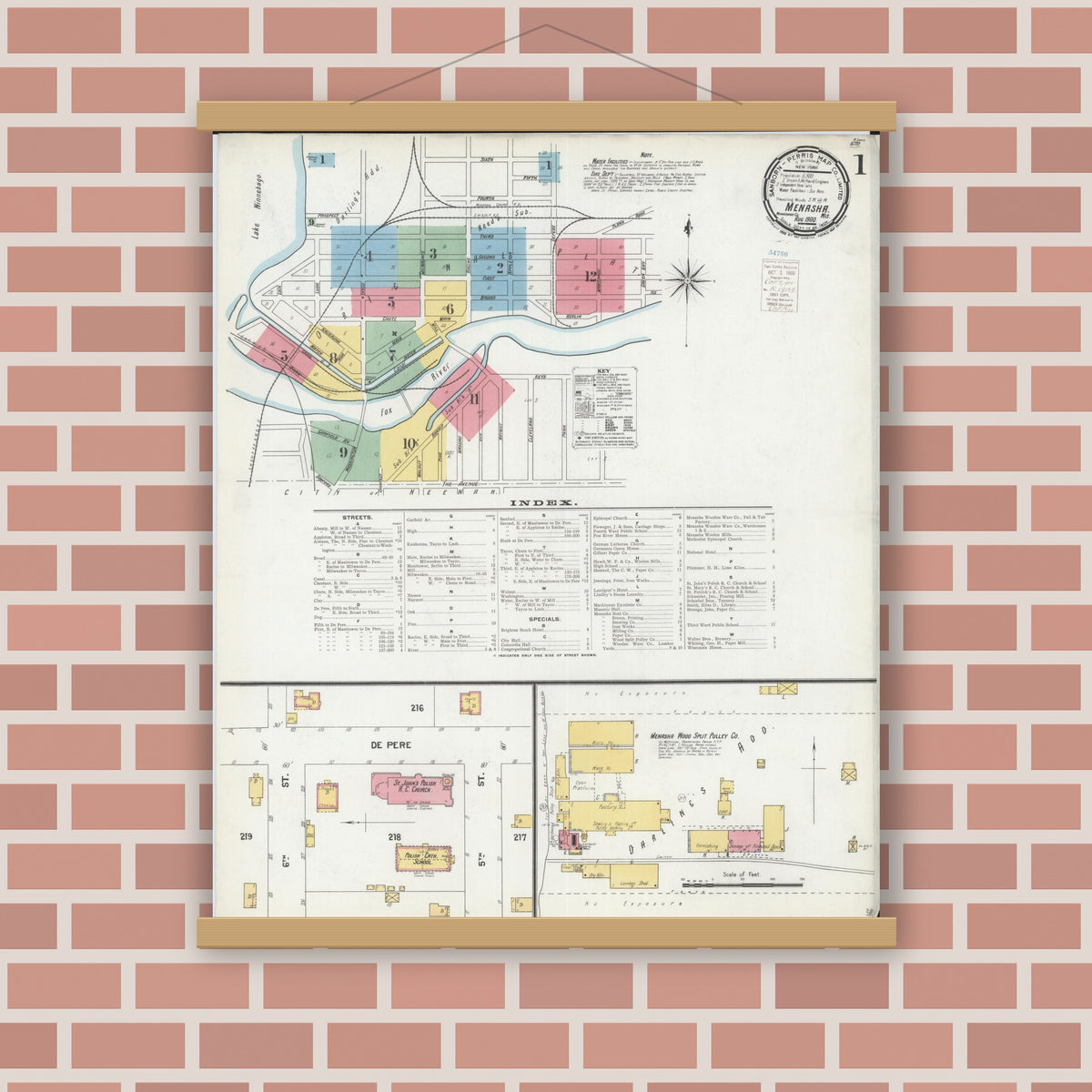Old map wall art mockup — magnetic wood frame on brick wall — Sanborn Fire Insurance Map from Menasha, Winnebago County, Wisconsin (1900) - Complete Map Set